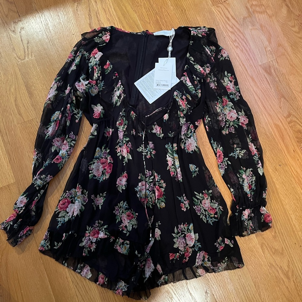 Zimmermann Silk Black Floral Honour Floating Playsuit Size 0